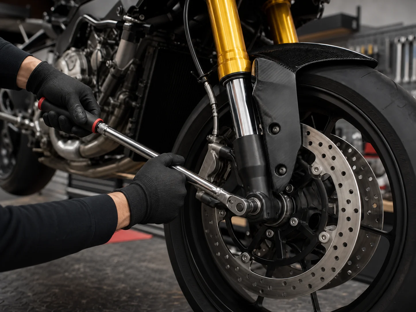 実在する工具でバイクのフロント足回りを点検する様子